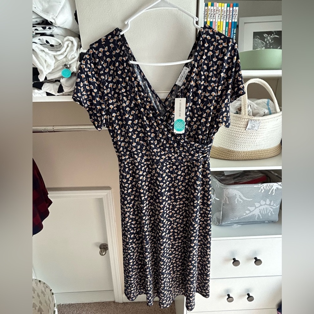 Kaileigh Navy and Beige Midi Dress Maternity or Regular Wear - Picture 1 of 3